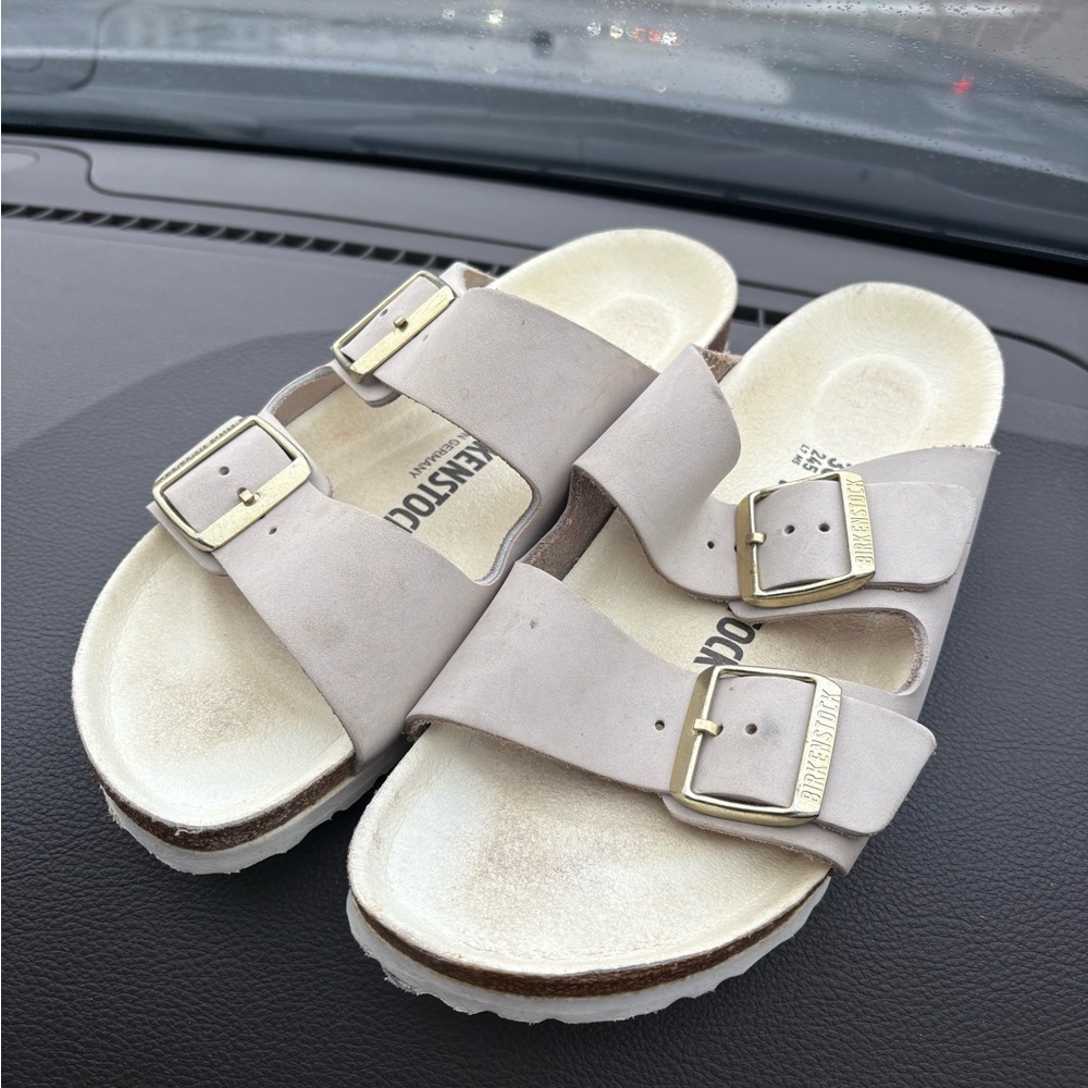 Birkenstock Light Tan Sandals with Gold Buckles
